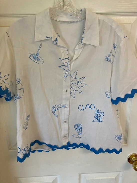 Jane and Delancey “ Ciao” White Button-Down Linen Blend Shirt with Blue Trim - Picture 1 of 6